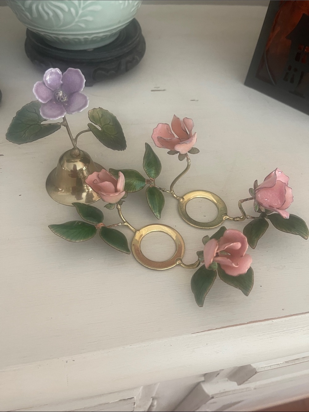 Bovano Of Chesire Flowers Enamel Pair of Candle Bobeche Rings Dinner Bell